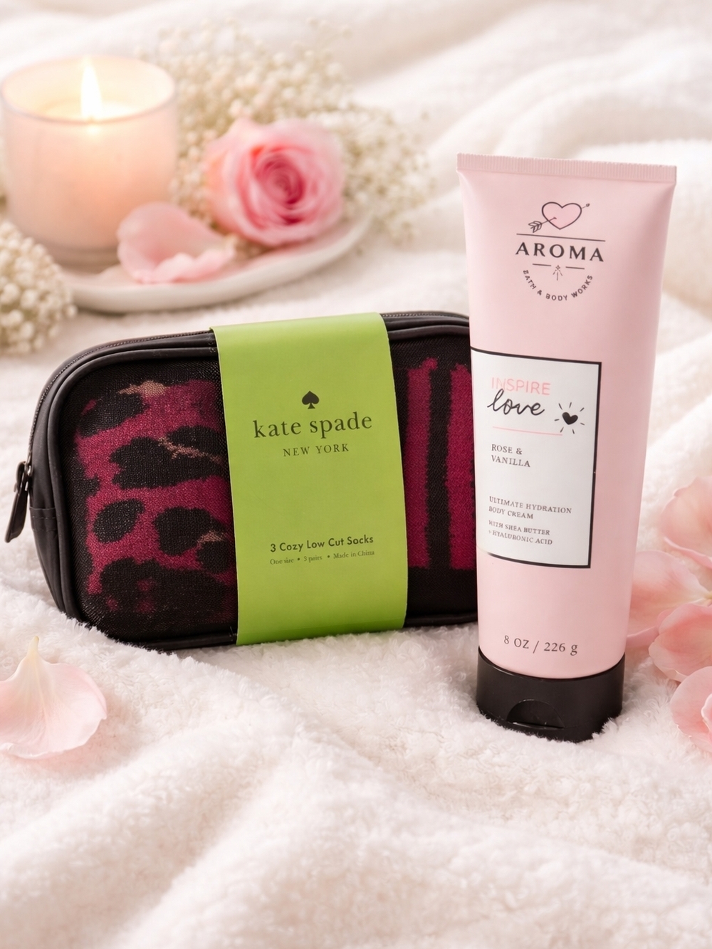 💖NWT Kate Spade 3-Pack Cozy Low Cut Socks + Aroma Body Cream Bundle💖